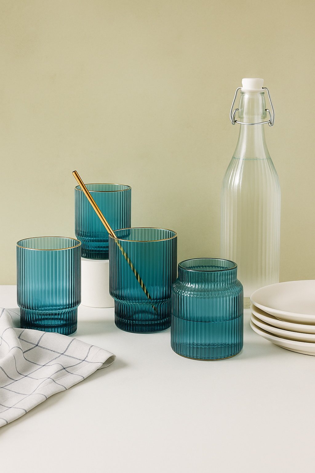 Teal Ripple Glass Tumbler SetW Gold Trim – 4 Pieces