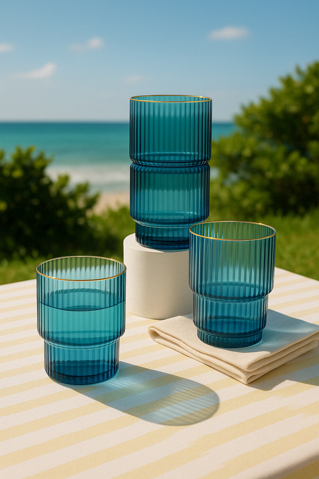 Teal Ripple Glass Tumbler SetW Gold Trim – 4 Pieces
