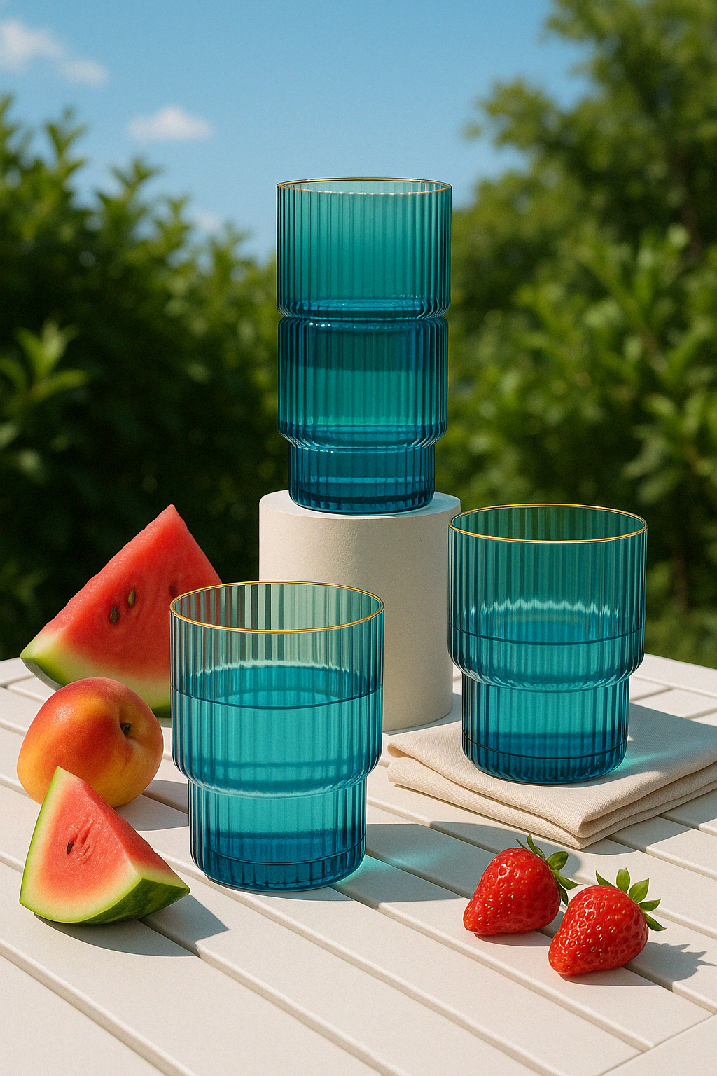 Teal Ripple Glass Tumbler SetW Gold Trim – 4 Pieces