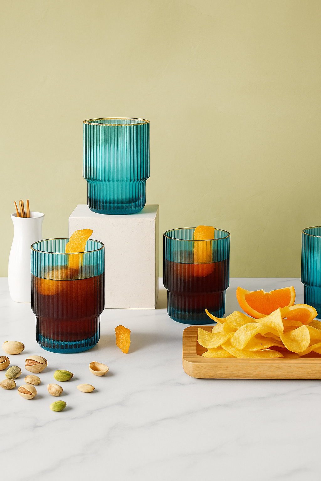 Teal Ripple Glass Tumbler SetW Gold Trim – 4 Pieces