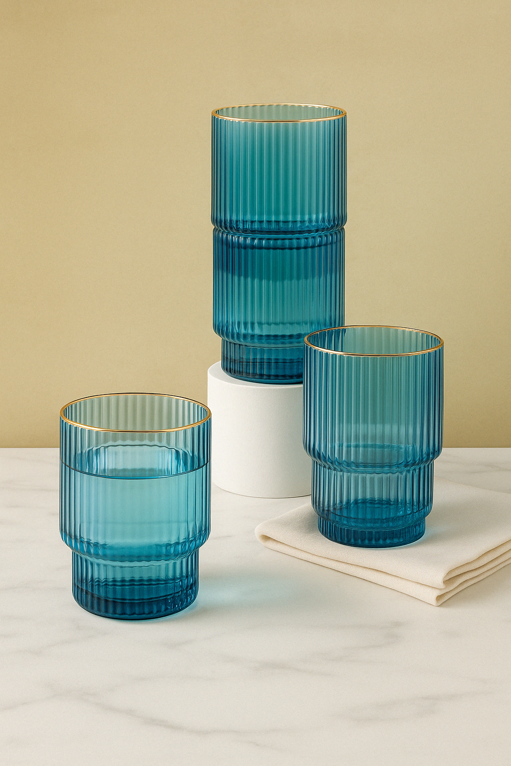 Teal Ripple Glass Tumbler SetW Gold Trim – 4 Pieces